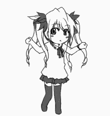 An anime gorl dancing. She has ribbons on in her hair, on both sides of the head. Long socks, shirt that shows some thigh, a tee-shirt but the arm sleeves are short. Her facial expression suggests... well, I don't know. I like the image though.